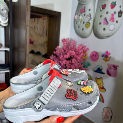 Grey/Red Strap Turbo Crocs